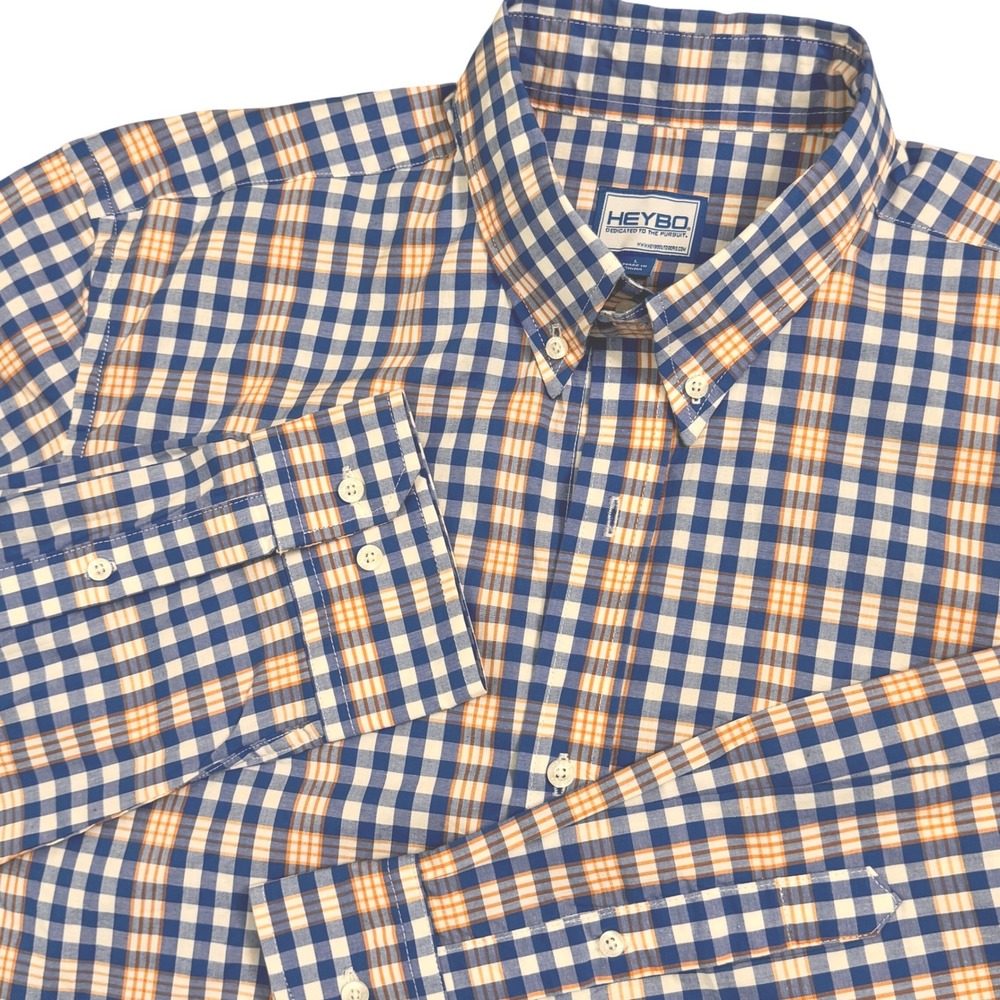 HEYBO Plaid Button Down Shirt Men's Large Long Sleeve Blue Orange‎ White Classic